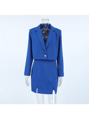 Pure Color Split Hem Long Sleeve Blazers Skirt Sets