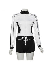 Contrast Color Fitted Zipper Coats Short Sets