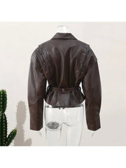 Tie-wrap Peacoat Long Sleeve Leather Jackets