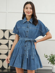 Denim Tie-wrap Ruffle Buckle Mini Dress