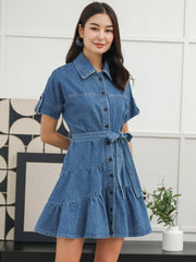 Denim Tie-wrap Ruffle Buckle Mini Dress