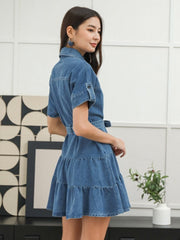 Denim Tie-wrap Ruffle Buckle Mini Dress