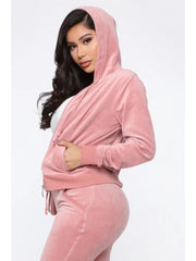 Velvet Plain Zipper Pocket Hooded Pant Sets