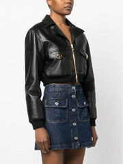 Metal Heart Buckle PU Lapel Cropped Jackets