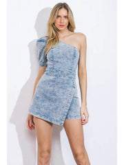 Denim Puff Sleeve One Shoulder Rompers