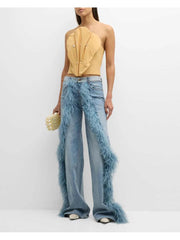 Fake Fur Patchwork Denim Wide Leg Jeans