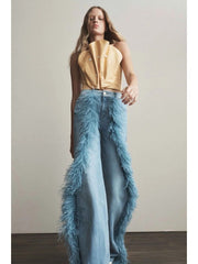 Fake Fur Patchwork Denim Wide Leg Jeans