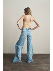 Fake Fur Patchwork Denim Wide Leg Jeans