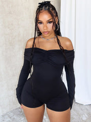 Plain Ruched Off Shoulder Fitted Rompers