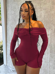 Plain Ruched Off Shoulder Fitted Rompers