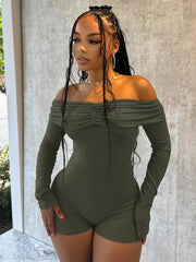 Plain Ruched Off Shoulder Fitted Rompers