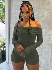 Plain Ruched Off Shoulder Fitted Rompers