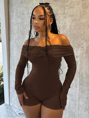 Plain Ruched Off Shoulder Fitted Rompers