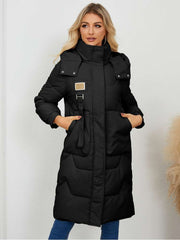 Stand Collar Hooded Pockets Long Down Coats