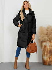 Stand Collar Hooded Pockets Long Down Coats