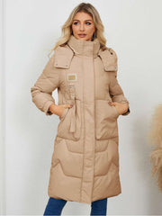 Stand Collar Hooded Pockets Long Down Coats