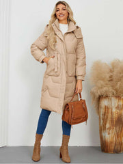 Stand Collar Hooded Pockets Long Down Coats