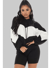 Contrast Color Hooded Long Sleeve Shorts Sets