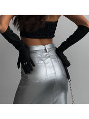 Metallic Split Hem Zipper Leather Skirts