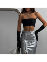 Metallic Split Hem Zipper Leather Skirts