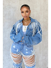 Faux Pearl Single Breasted Denim Jackets