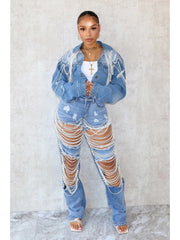 Faux Pearl Single Breasted Denim Jackets