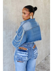 Faux Pearl Single Breasted Denim Jackets