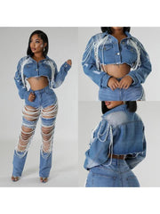 Faux Pearl Single Breasted Denim Jackets