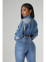 Faux Pearl Single Breasted Denim Jackets