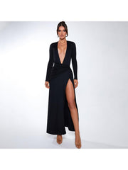 Deep V Neck Ruched Split Hem Maxi Dress