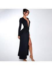 Deep V Neck Ruched Split Hem Maxi Dress