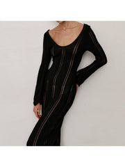 Solid Color U Neck Long Sleeve Maxi Dress