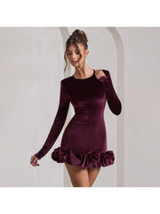 Pure Color Ruched Long Sleeve Mini Dress