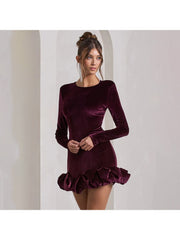 Pure Color Ruched Long Sleeve Mini Dress