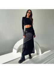 Solid Color Cropped Long Sleeve Skirt Sets