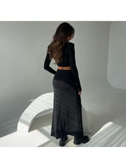 Solid Color Cropped Long Sleeve Skirt Sets