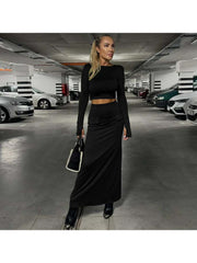 Solid Color Cropped Long Sleeve Skirt Sets