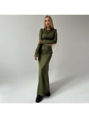 Solid Color Cropped Long Sleeve Skirt Sets