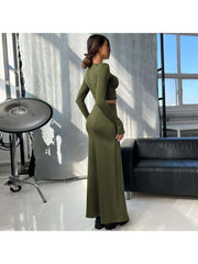 Solid Color Cropped Long Sleeve Skirt Sets