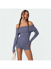 Solid Color Off Shoulder Knitting Rompers