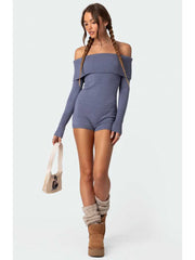 Solid Color Off Shoulder Knitting Rompers