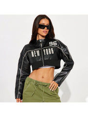 Striped Trim Zipper Cropped PU Jackets