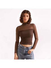 Sheer Highneck Cropped Long Sleeve Tops