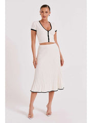 Patchwork Pleated V Neck Skirt Sets