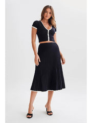 Patchwork Pleated V Neck Skirt Sets