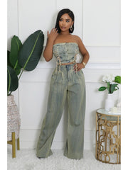 Denim Lace Up Tube Wide Leg Jeans Sets