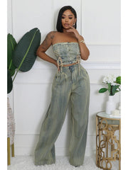 Denim Lace Up Tube Wide Leg Jeans Sets