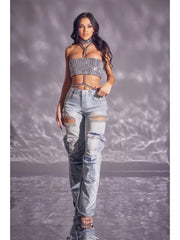 Hollow-out Hotfix Rhinestones Mid-rise Jeans