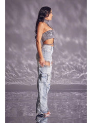 Hollow-out Hotfix Rhinestones Mid-rise Jeans