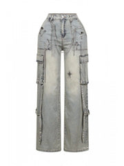 Metal Decor Patchwork High Rise Jeans